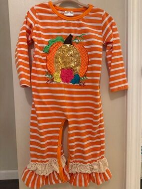 Orange and White Striped Pumpkin Applique Footie